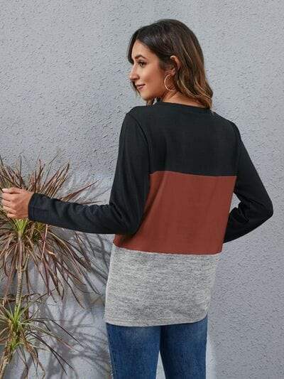 Color Block Round Neck Long Sleeve T-Shirt - Trendsi - Flyclothing LLC