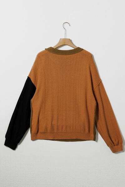 Contrast Round Neck Dropped Shoulder Sweater - Trendsi - Flyclothing LLC