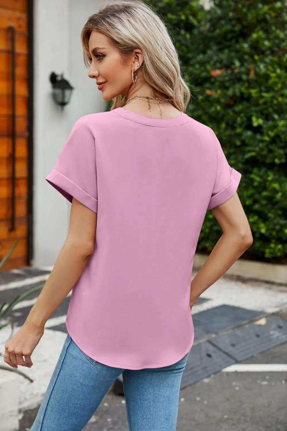 Notched Neck Cuffed Sleeve Shirt - Trendsi - Flyclothing LLC