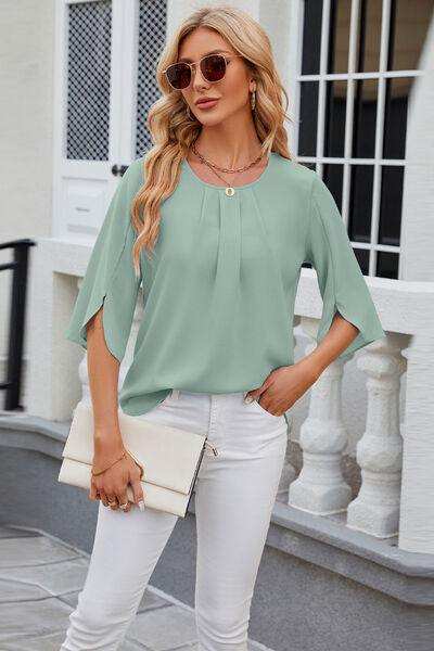 Round Neck Slit Half Sleeve Top - Trendsi - Flyclothing LLC