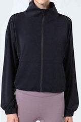 Drawstring Zip Up Dropped Shoulder Active Outerwear - Trendsi - Flyclothing LLC