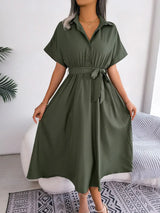 Short Sleeve Collared Tie Belt Dress - Trendsi - Flyclothing LLC