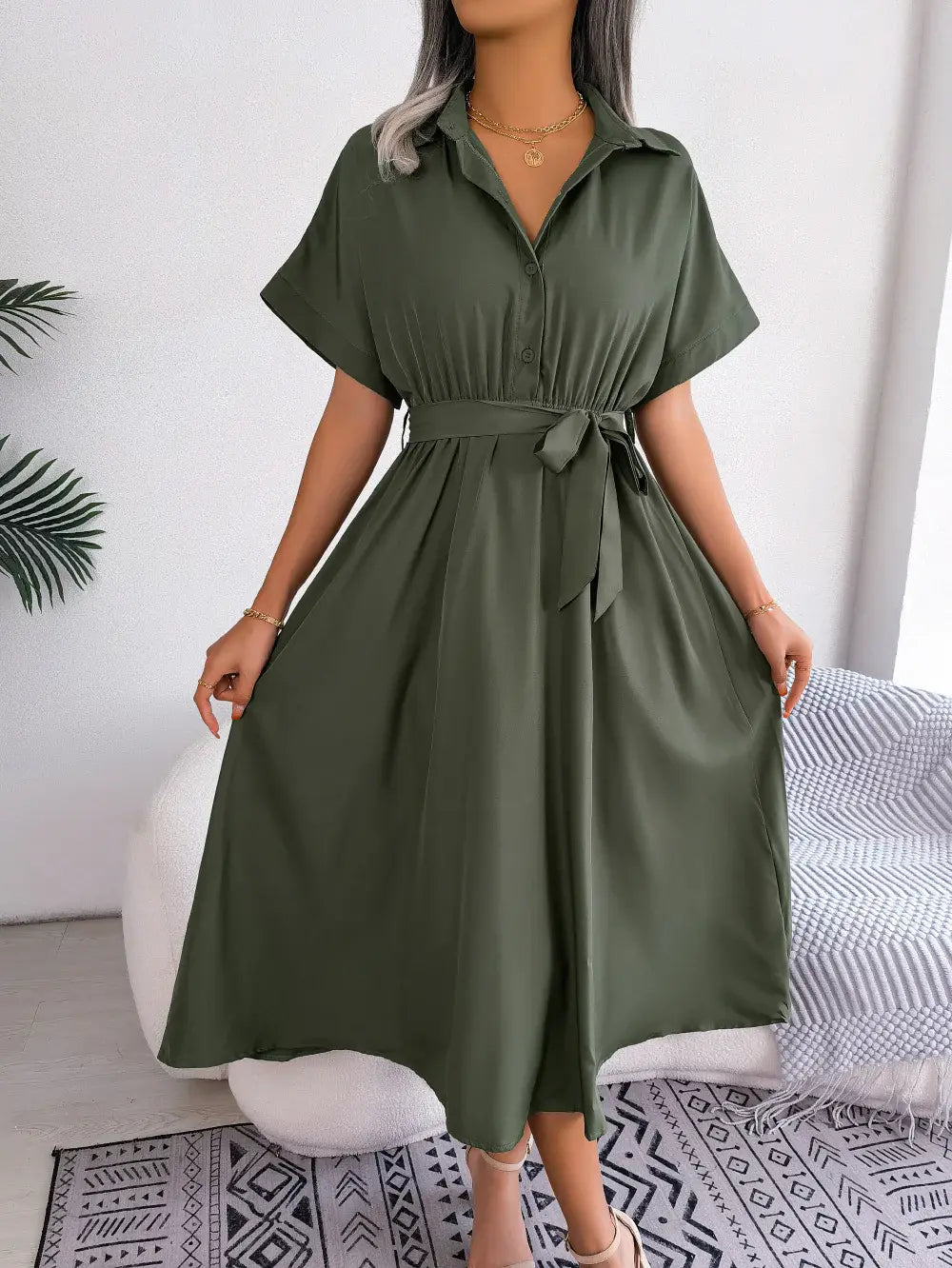 Short Sleeve Collared Tie Belt Dress - Trendsi - Flyclothing LLC