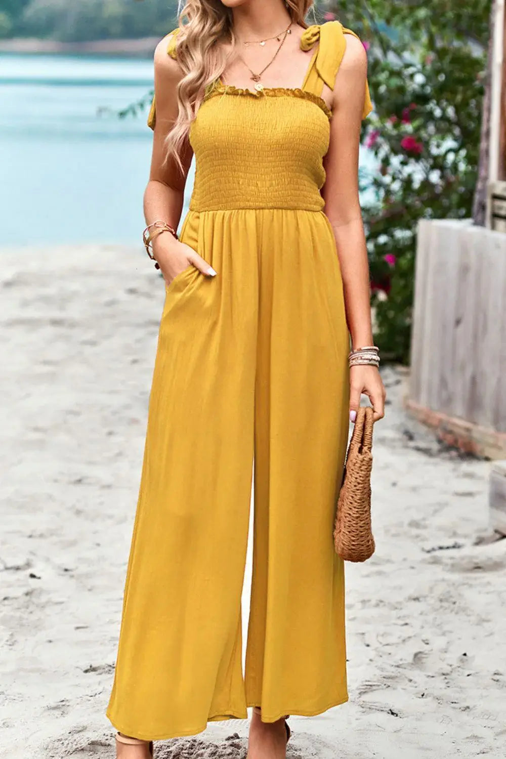 Frill Trim Tie Shoulder Wide Leg Jumpsuit with Pockets - Trendsi - Flyclothing LLC