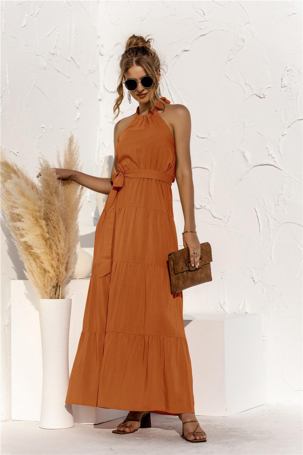 Halter Neck Tie Waist Tiered Maxi Dress - Trendsi - Flyclothing LLC