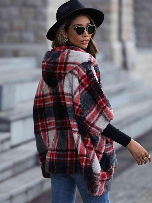 Plaid Hooded Coat with Pockets - Trendsi