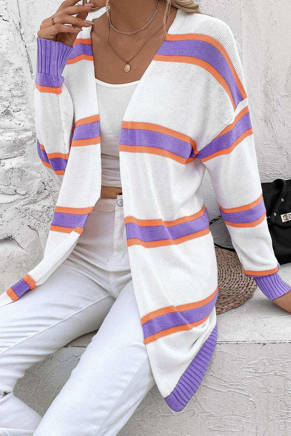 Striped Dropped Shoulder Cardigan - Trendsi - Flyclothing LLC