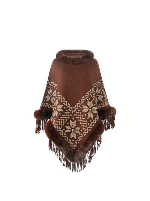 Fringe Geometric Cape Sleeve Poncho - Trendsi