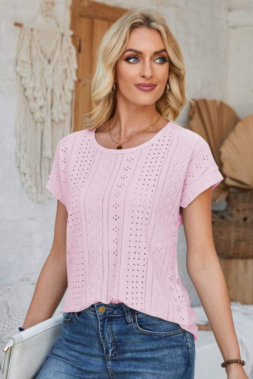 Eyelet Round Neck Rolled Short Sleeve T-Shirt - Trendsi - Flyclothing LLC