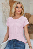 Eyelet Round Neck Rolled Short Sleeve T-Shirt - Trendsi - Flyclothing LLC