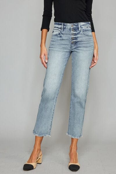 Kancan High Waist Button Fly Raw Hem Cropped Straight Jeans - Trendsi