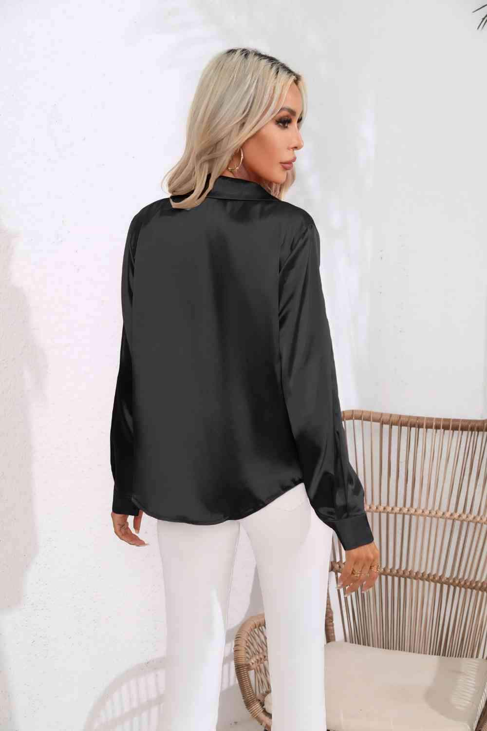 Lapel Collar Button Up Long Sleeve Shirt - Trendsi - Flyclothing LLC