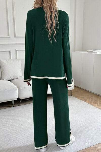 Contrast Trim Round Neck Top and Pants Set - Trendsi - Flyclothing LLC