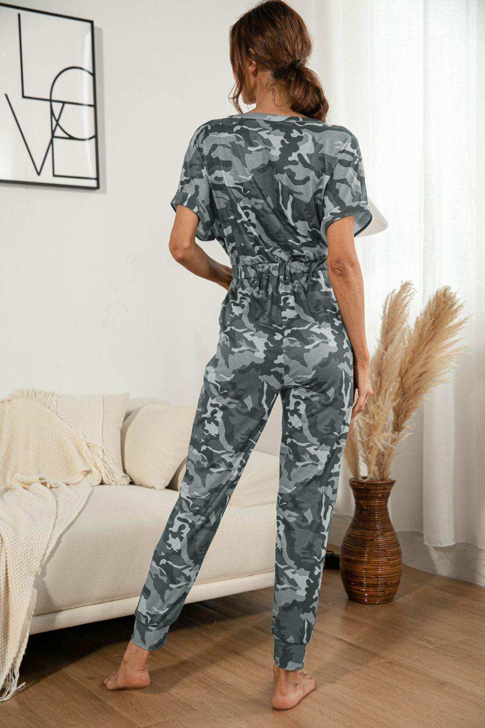 Surplice Neck Tied Short Sleeve Jumpsuit - Trendsi - Flyclothing LLC