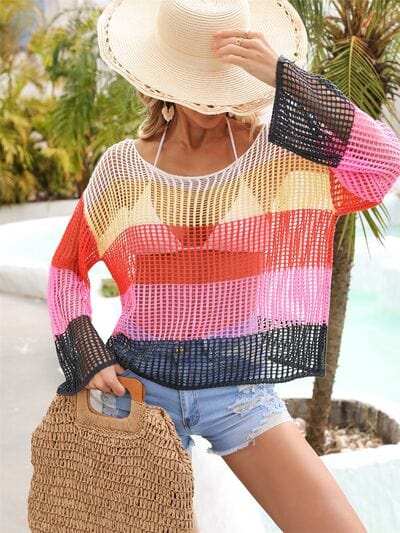 Color Block Openwork Boat Neck Cover Up - Trendsi - Flyclothing LLC