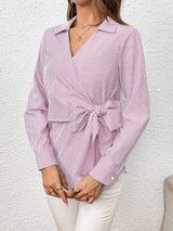 Bow Tie Waist Johnny Collar Neck Striped Blouse - Trendsi - Flyclothing LLC