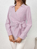 Bow Tie Waist Johnny Collar Neck Striped Blouse - Trendsi - Flyclothing LLC