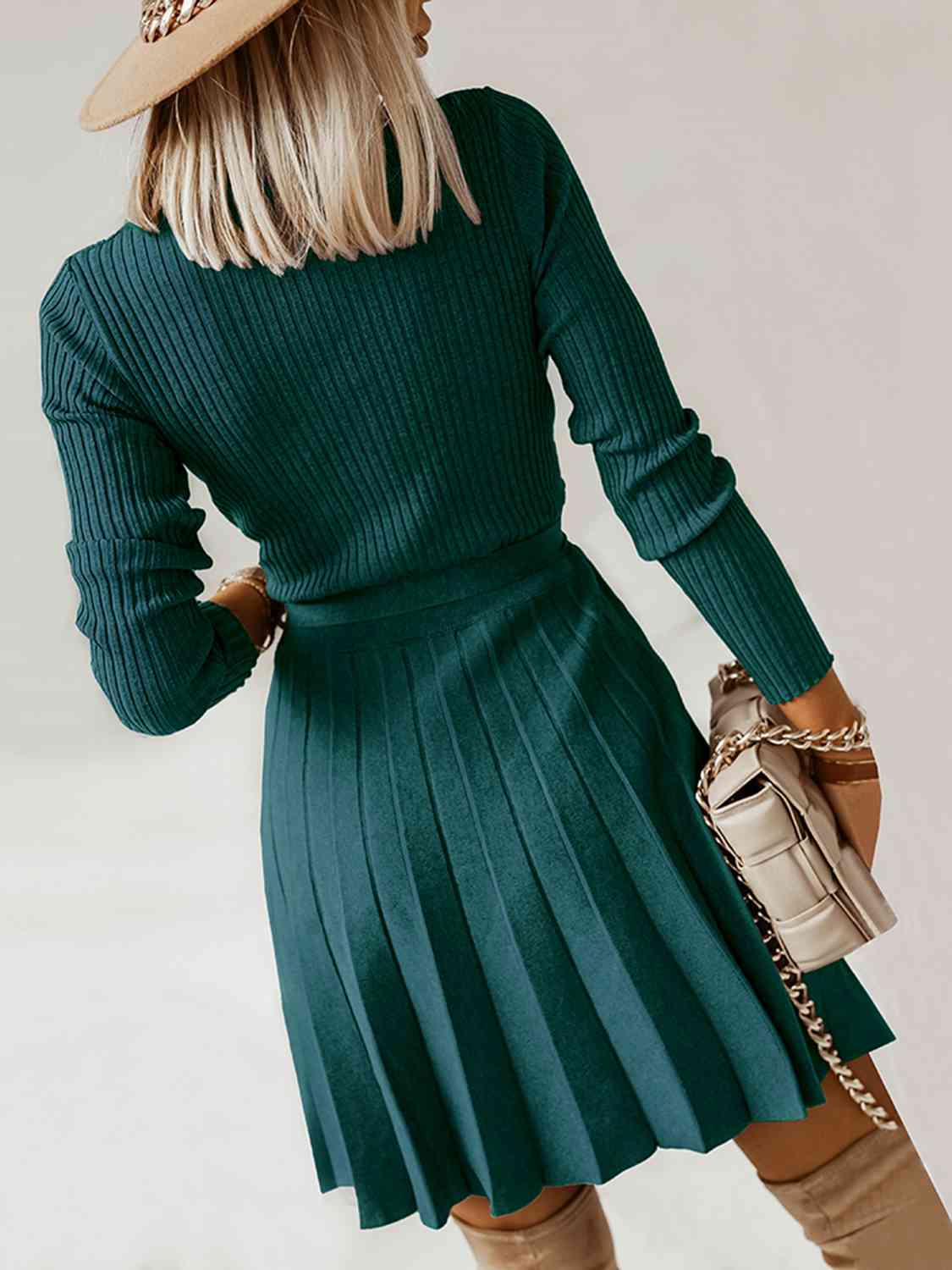 Surplice Neck Tie Front Pleated Sweater Dress - Trendsi - Flyclothing LLC