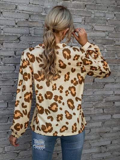 Leopard V-Neck Decorative Button Long Sleeve Blouse - Trendsi - Flyclothing LLC