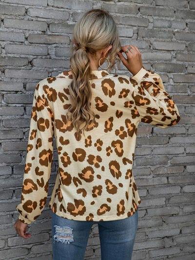 Leopard V-Neck Decorative Button Long Sleeve Blouse - Trendsi