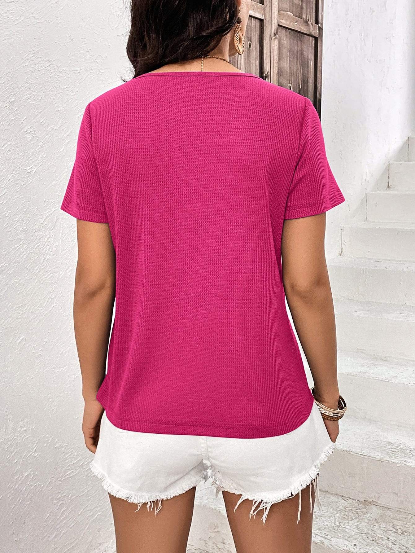 Lace Trim Contrast Waffle-Knit Top - Trendsi - Flyclothing LLC