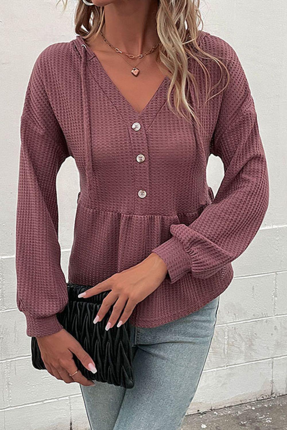 Waffle-Knit Buttoned Drop Shoulder Hoodie - Flyclothing LLC