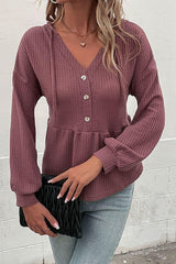 Waffle-Knit Buttoned Drop Shoulder Hoodie - Flyclothing LLC