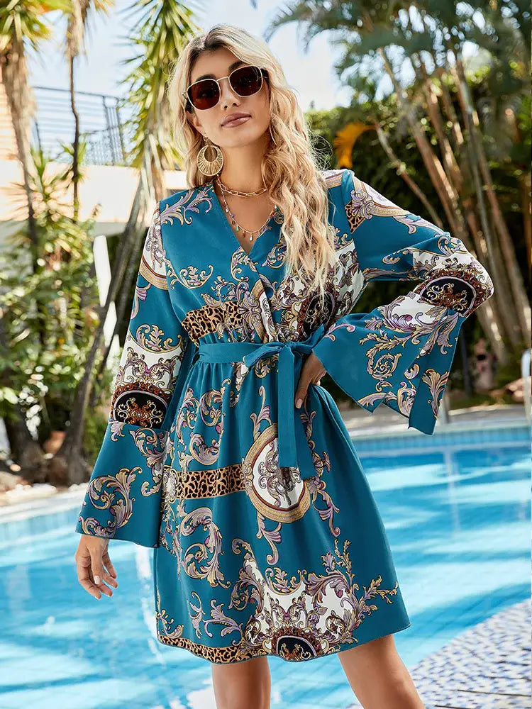 Printed Tie Belt Slit Flare Sleeve Dress - Trendsi - Flyclothing LLC