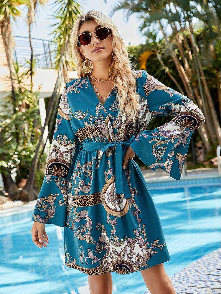 Printed Tie Belt Slit Flare Sleeve Dress - Trendsi - Flyclothing LLC