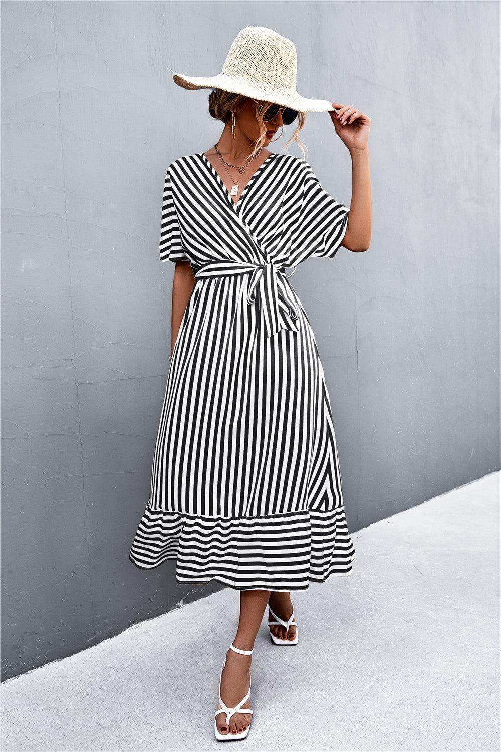 Striped Tie Belt Midi Dress - Trendsi - Flyclothing LLC