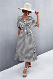Striped Tie Belt Midi Dress - Trendsi