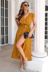 Ruffled Surplice Tie Waist Slit Midi Dress - Trendsi - Flyclothing LLC