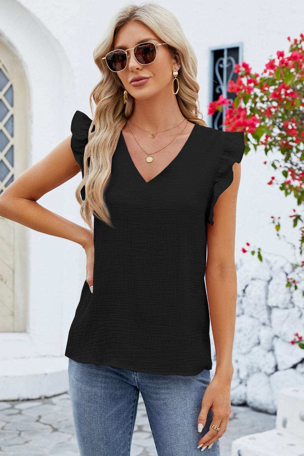 Ruffled V-Neck Cap Sleeve Blouse - Trendsi - Flyclothing LLC
