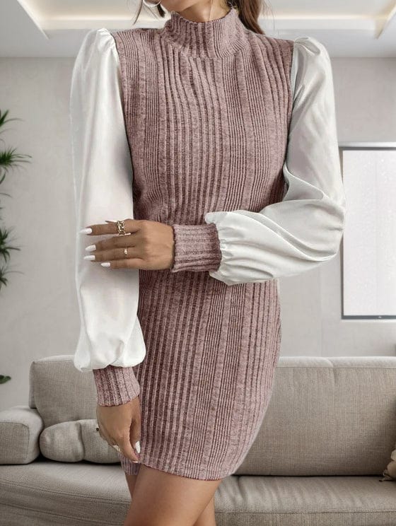 Ribbed Contrast Long Sleeve Sweater Dress - Trendsi