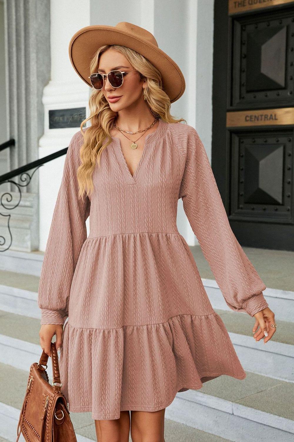 Notched Neck Long Sleeve Mini Dress - Trendsi