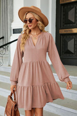 Notched Neck Long Sleeve Mini Dress - Trendsi