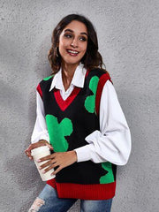 Four Leaf Clover V-Neck Sweater Vest - Trendsi