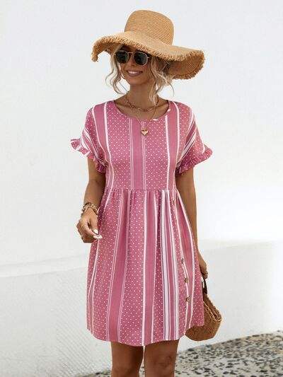 Striped Polka Dot Frill Short Sleeve Mini Dress - Trendsi - Flyclothing LLC