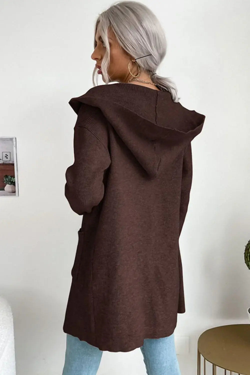 Ribbed Open Front Hooded Cardigan with Pockets - Trendsi - Flyclothing LLC