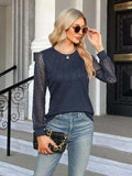 Waffle-Knit Round Neck Long Sleeve Blouse - Trendsi - Flyclothing LLC