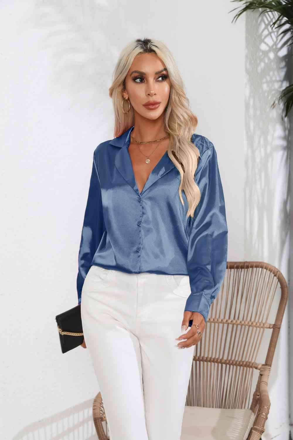 Lapel Collar Button Up Long Sleeve Shirt - Trendsi - Flyclothing LLC