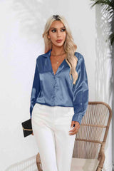 Lapel Collar Button Up Long Sleeve Shirt - Trendsi