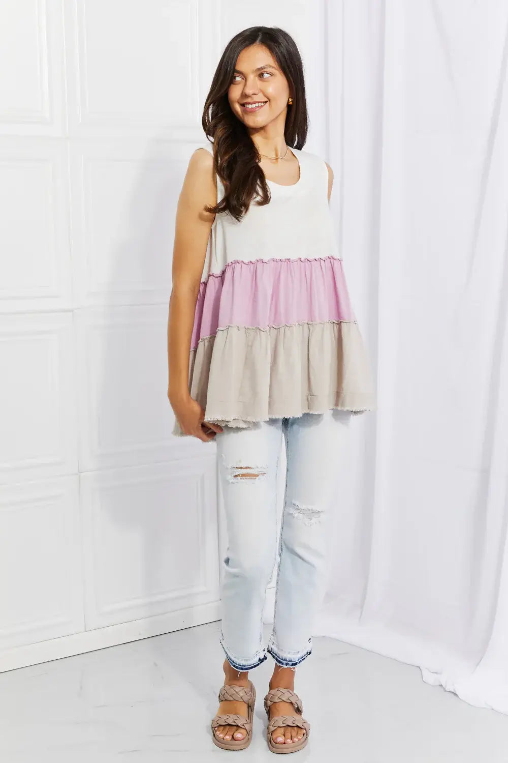 White Birch Full Size Watching the Sunset Color Block Babydoll Top - Trendsi - Flyclothing LLC