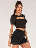 Cutout Grommet Detail Cropped Tee - Trendsi - Flyclothing LLC