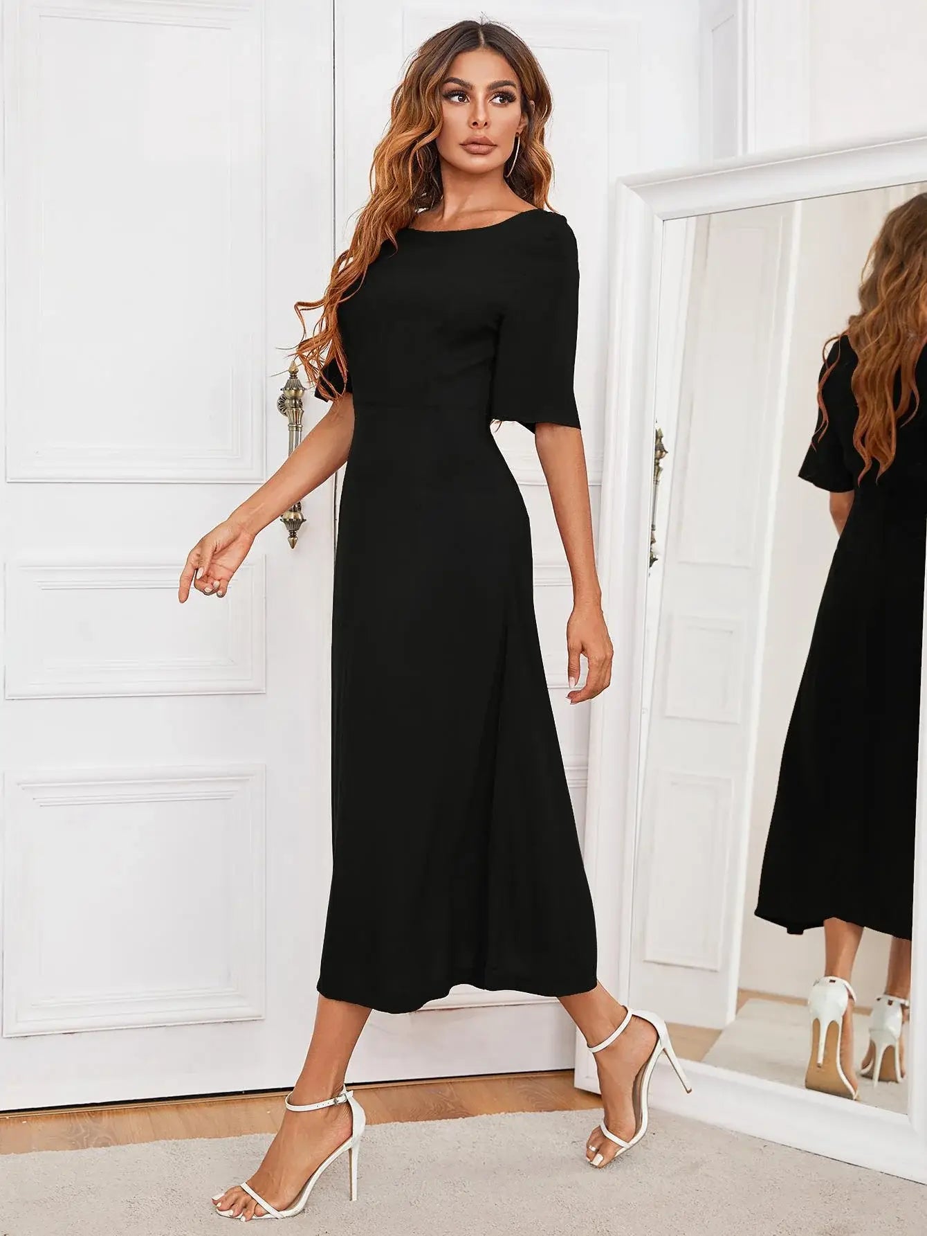 Round Neck Cutout Half Sleeve Dress - Trendsi - Flyclothing LLC