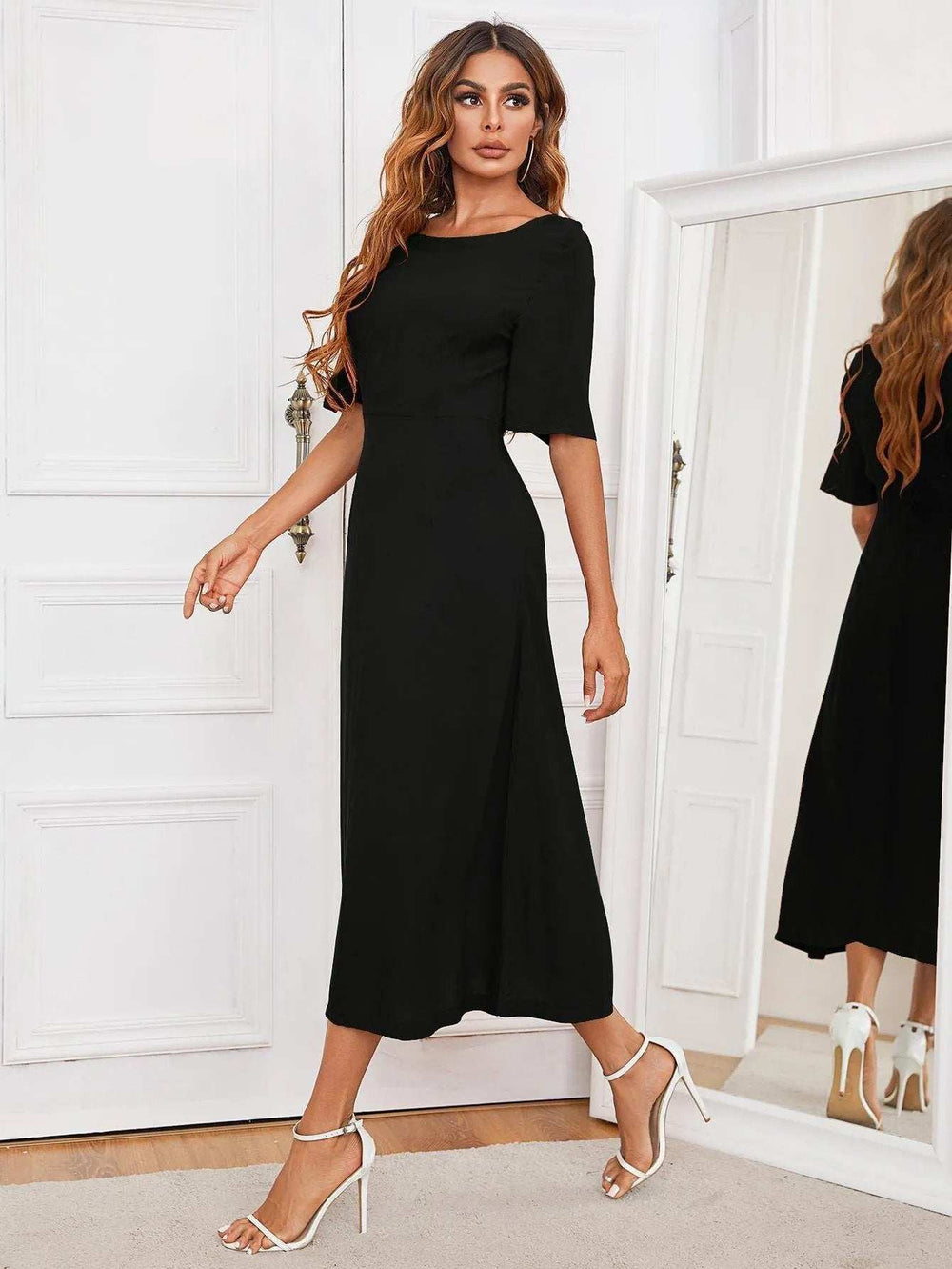 Round Neck Cutout Half Sleeve Dress - Trendsi - Flyclothing LLC