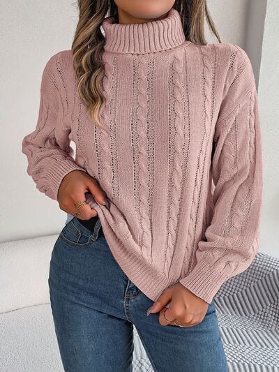 Cable-Knit Turtleneck Dropped Shoulder Sweater - Trendsi