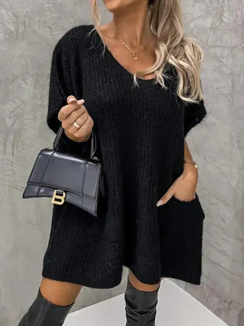 V-Neck Short Sleeve Sweater with Pockets - Trendsi - Flyclothing LLC