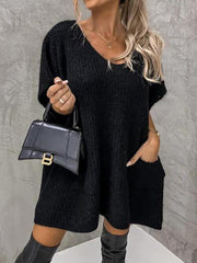 V-Neck Short Sleeve Sweater with Pockets - Flyclothing LLC