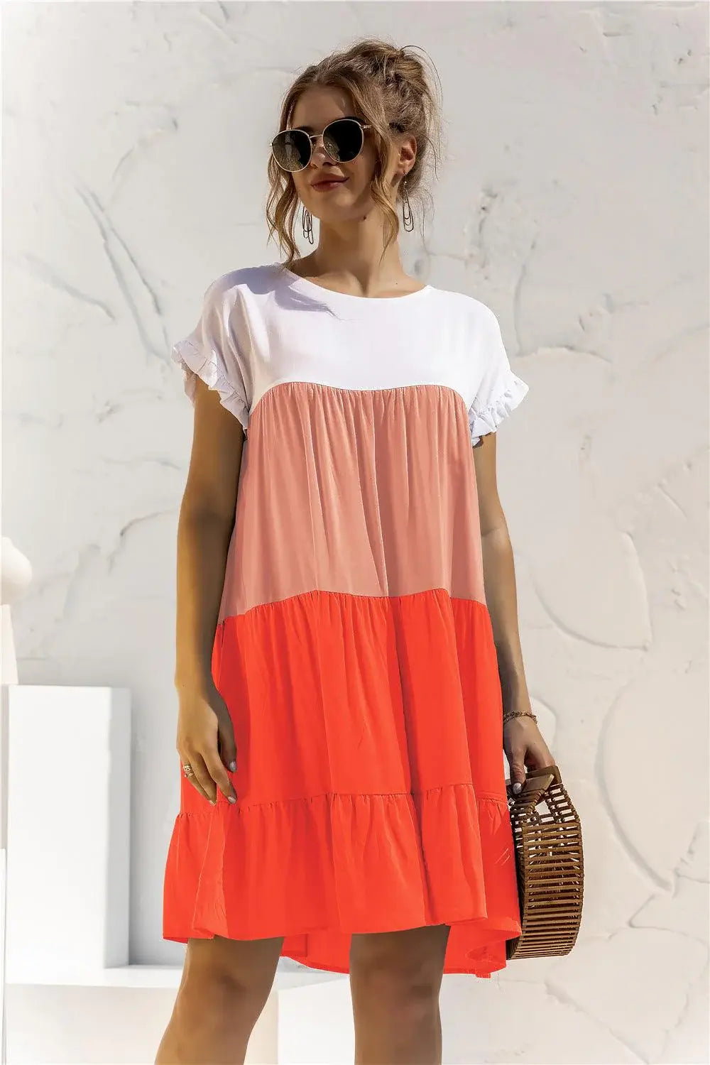 Color Block Round Neck Ruffle Hem Dress - Trendsi - Flyclothing LLC